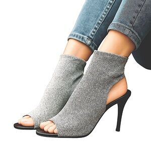 Silver Metallic Knit Sock Ankle Bootie Peep Toe High Heel Size 6… FESTIVE